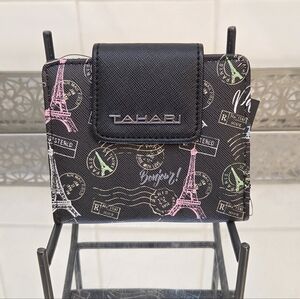 Tahari Black Wallet with Pink & Green Eiffel Tower Motif